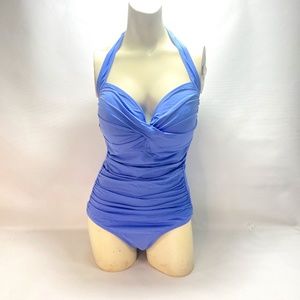 Liz Claiborne One Piece Swimsuit 16 Ruched Front Tie Neck Strap Light Padded